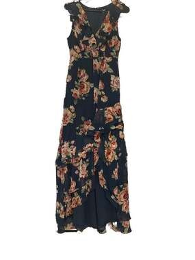 Lulus Women’s Small Cascading Crush Teal Floral Print Tiered Ruffled Maxi Dress